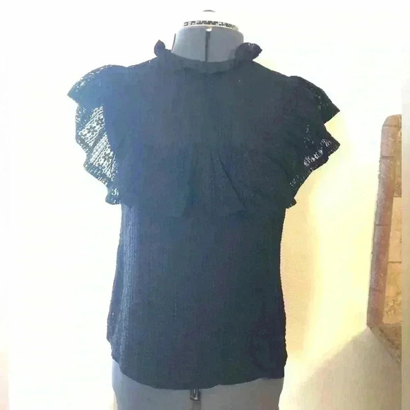 Iris black lace front ruffle key hole blouse top women medium - Picture 2 of 10